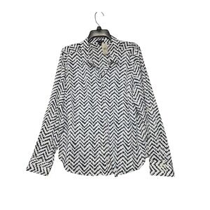 Ann Taylor Navy White Chevron Zig Zag Roll Tab Button Down Blouse 12 NWT